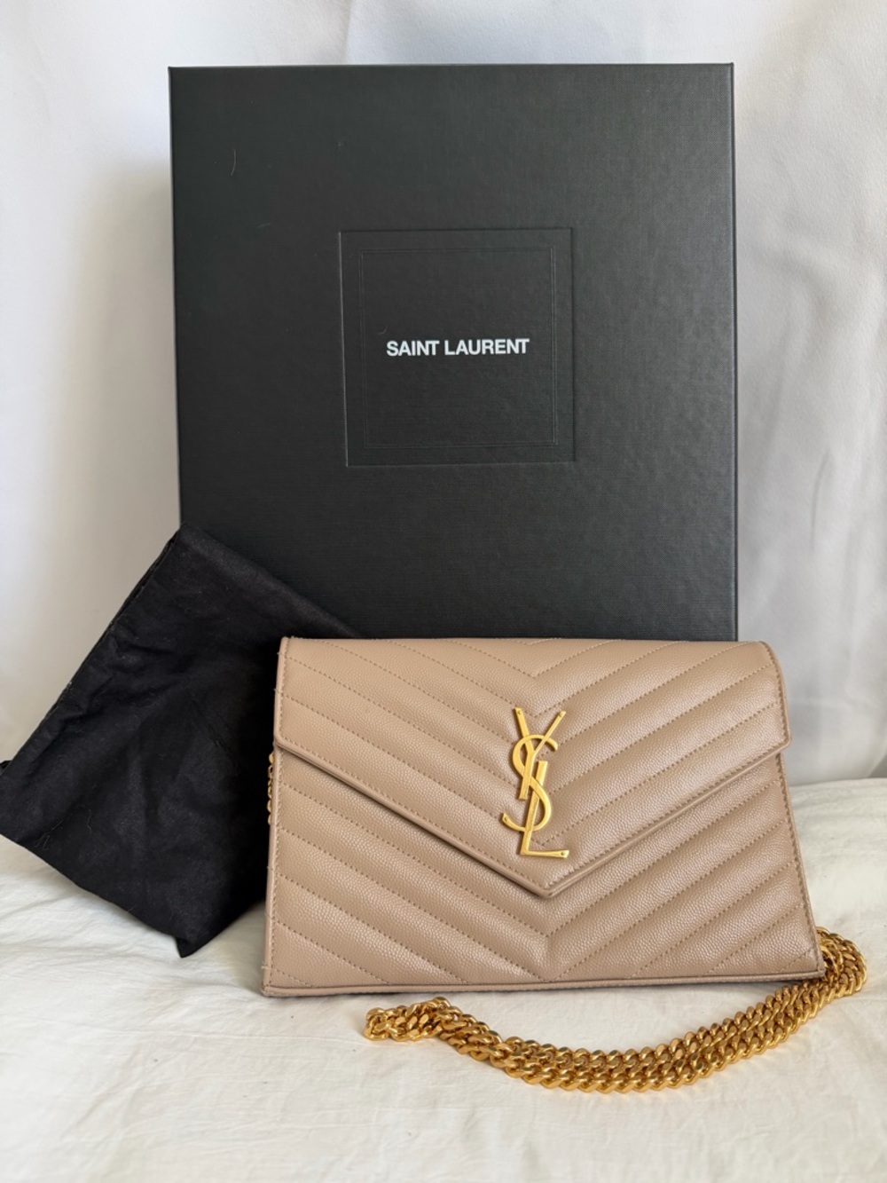 Saint Laurent Quilted Leather Chain Wallet in Taupe with Gold Hardware